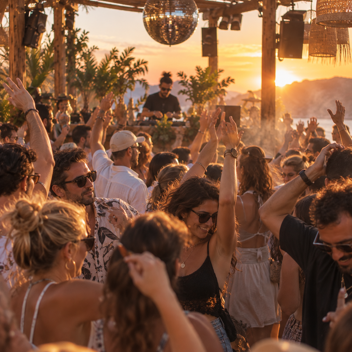 People dancing together as the sun goes down