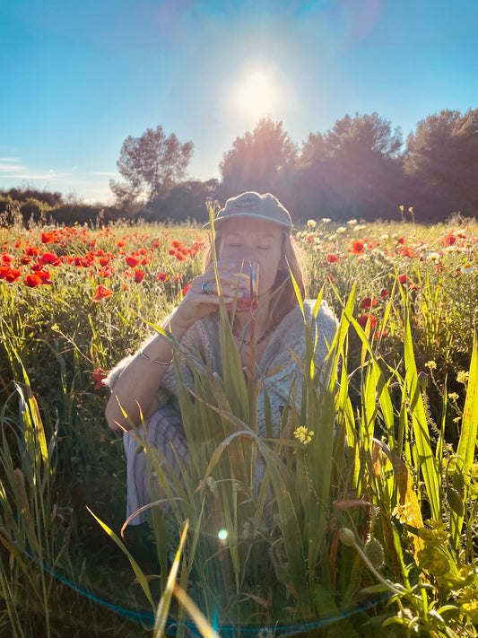 A man standing in a sunlit meadow at golden hour