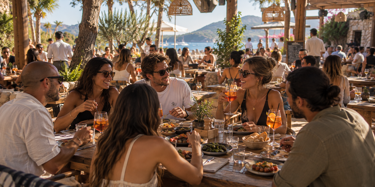 A long table of friends eating together in Mediterranean light