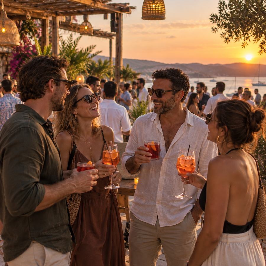 A long table of friends eating together in Mediterranean light