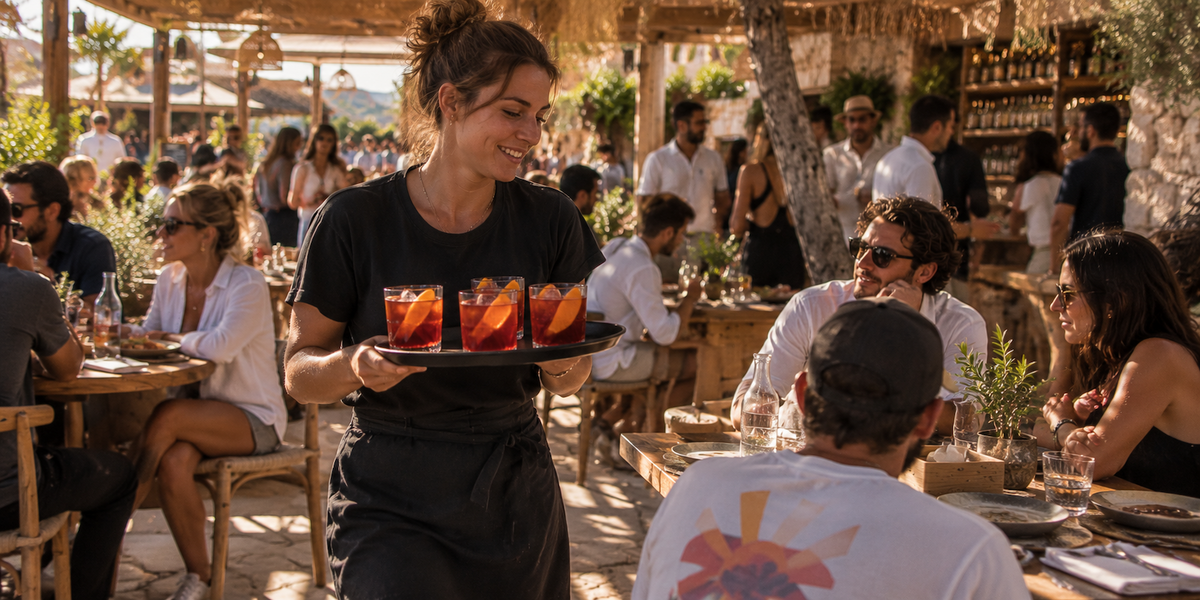 A server carrying a tray of True North serves across a busy terrace
